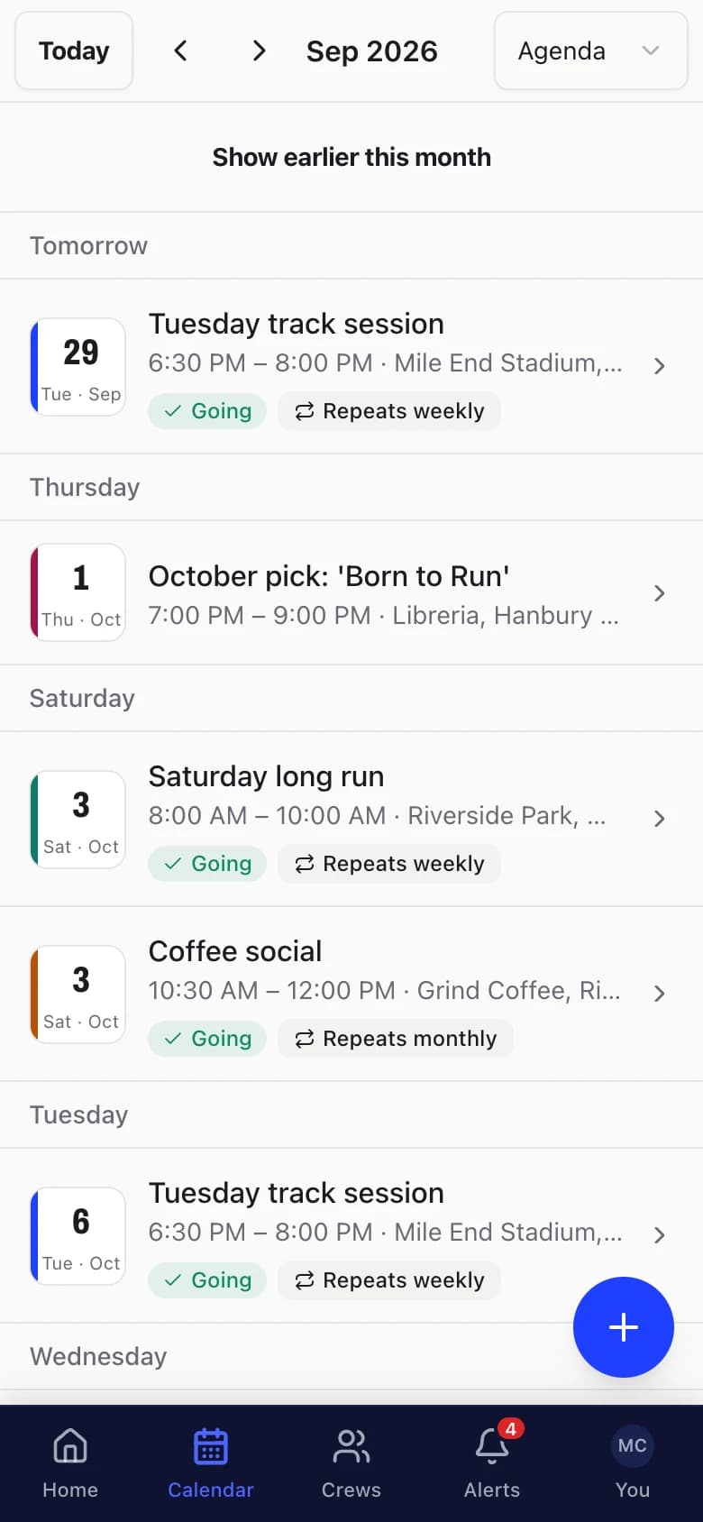 Calendar agenda on a phone: Tuesday track session, October book pick, Saturday long run and coffee social, each marked Going and repeating weekly or monthly