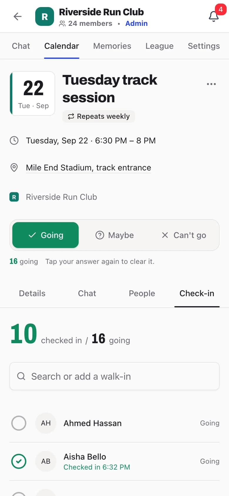 Check-in tab of Tuesday track session on a phone: 10 checked in of 16 going, a search box to add a walk-in, and Aisha Bello checked in at 6:32 PM