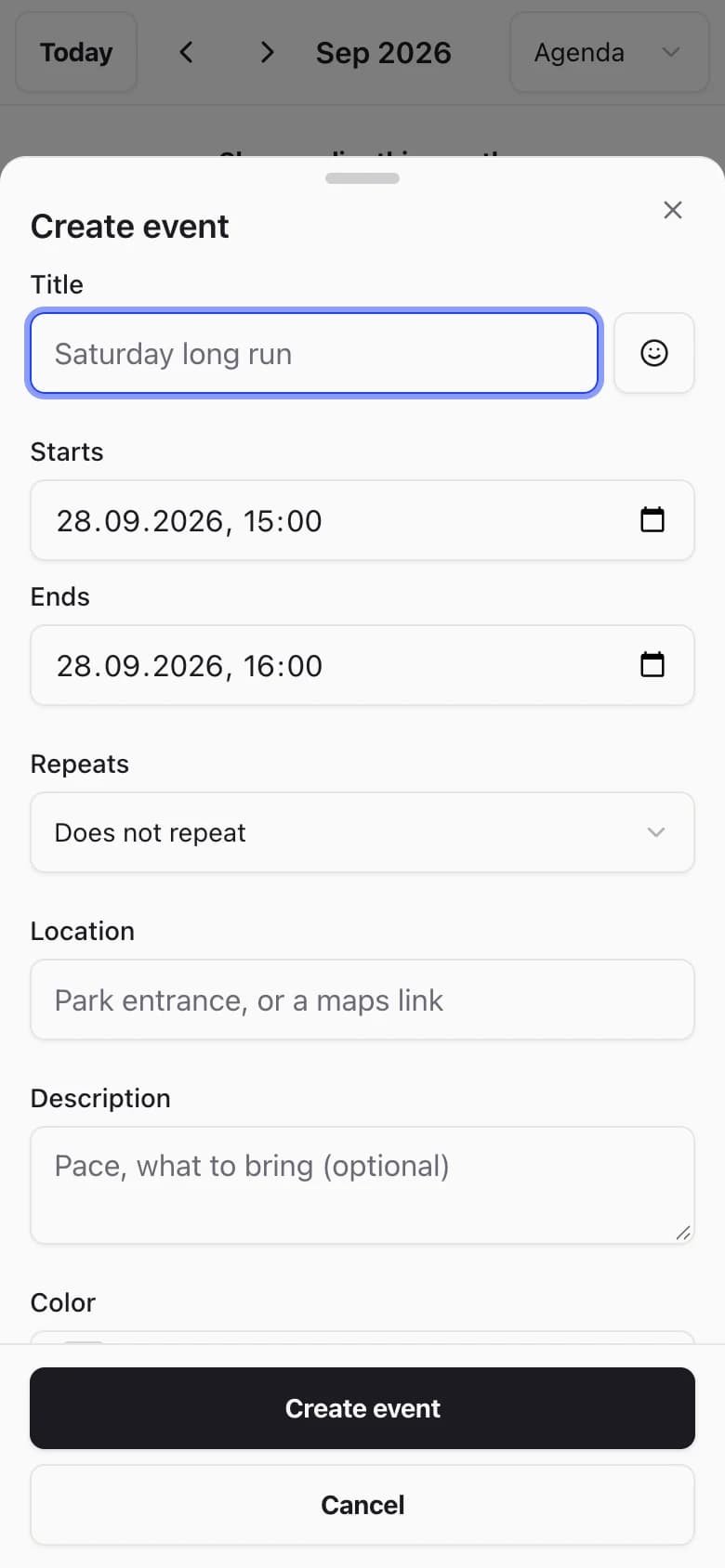 Create event sheet on a phone: title "Saturday long run", start and end time, a repeats option, location and description fields