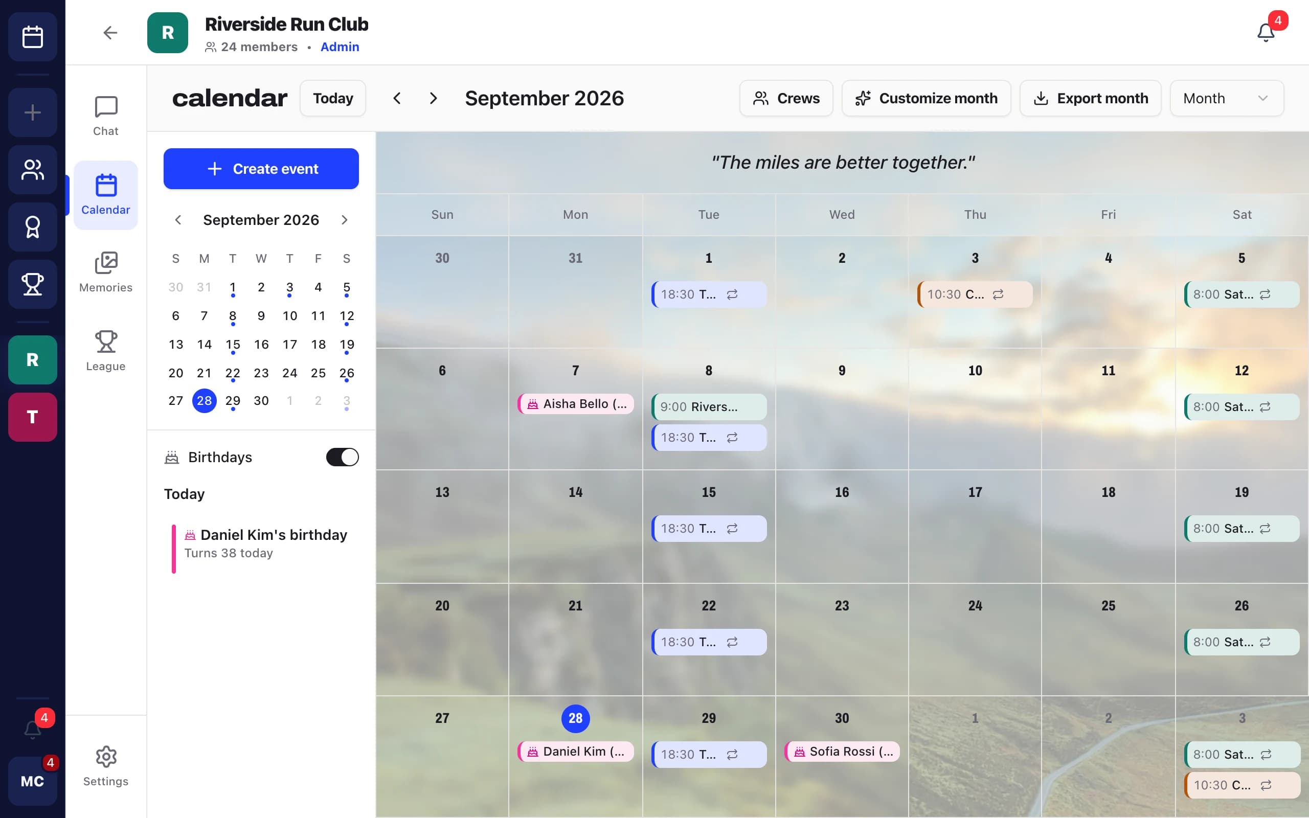 Riverside Run Club calendar on desktop: a custom month banner reading "The miles are better together", weekly recurring runs, and member birthdays with Daniel Kim's today