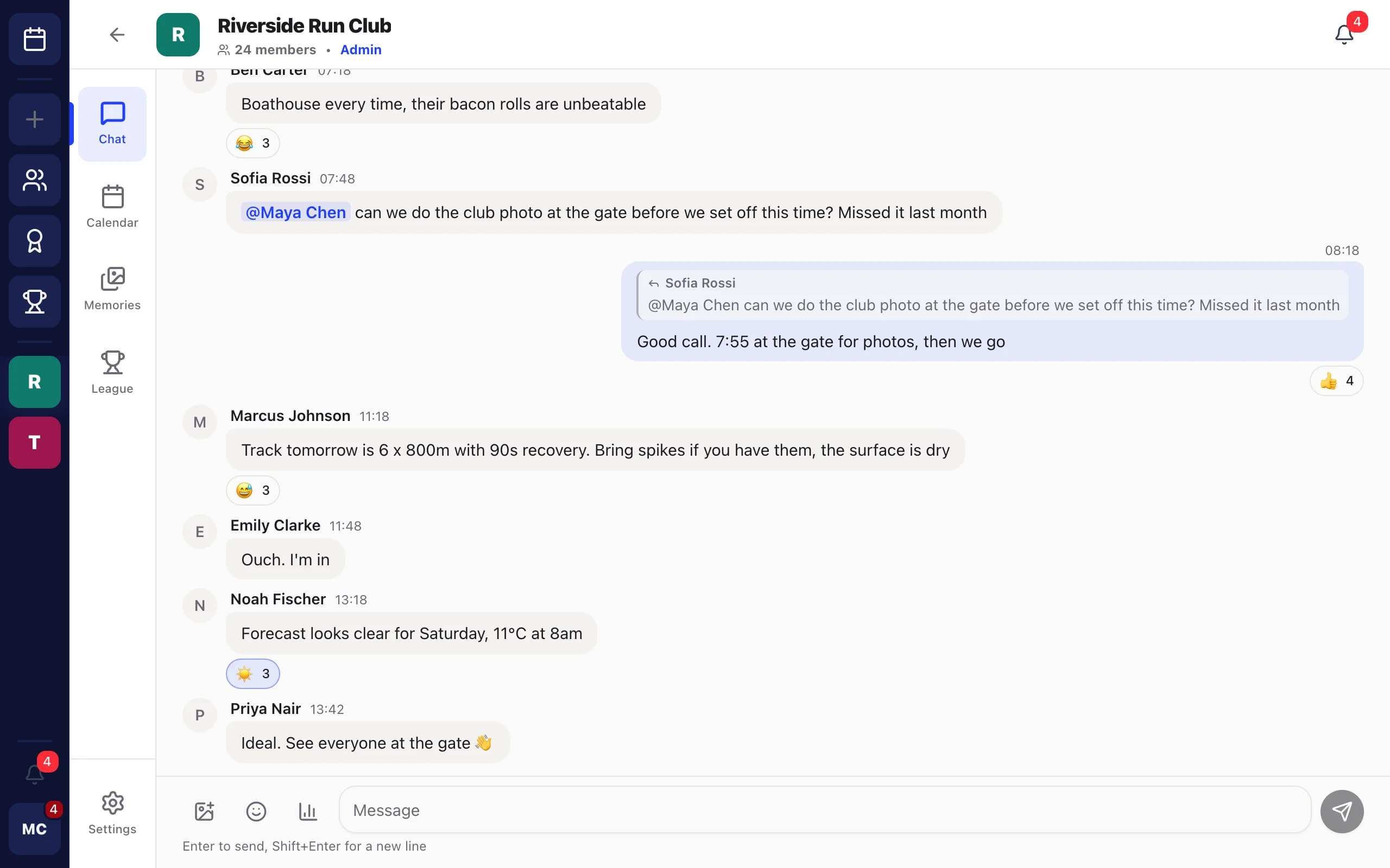 Riverside Run Club chat on desktop: an @mention of Maya Chen, a quoted reply agreeing 7:55 at the gate for photos, and track session plans with emoji reactions