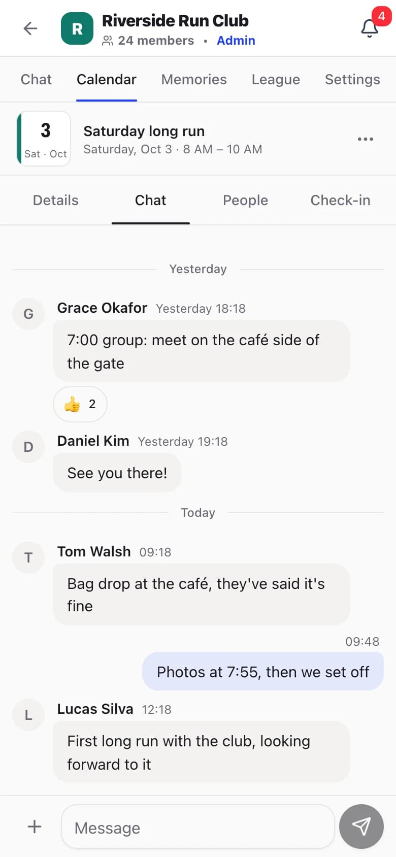 Event chat for Saturday long run on a phone: members agree a meeting point, bag drop at the café and photos at 7:55