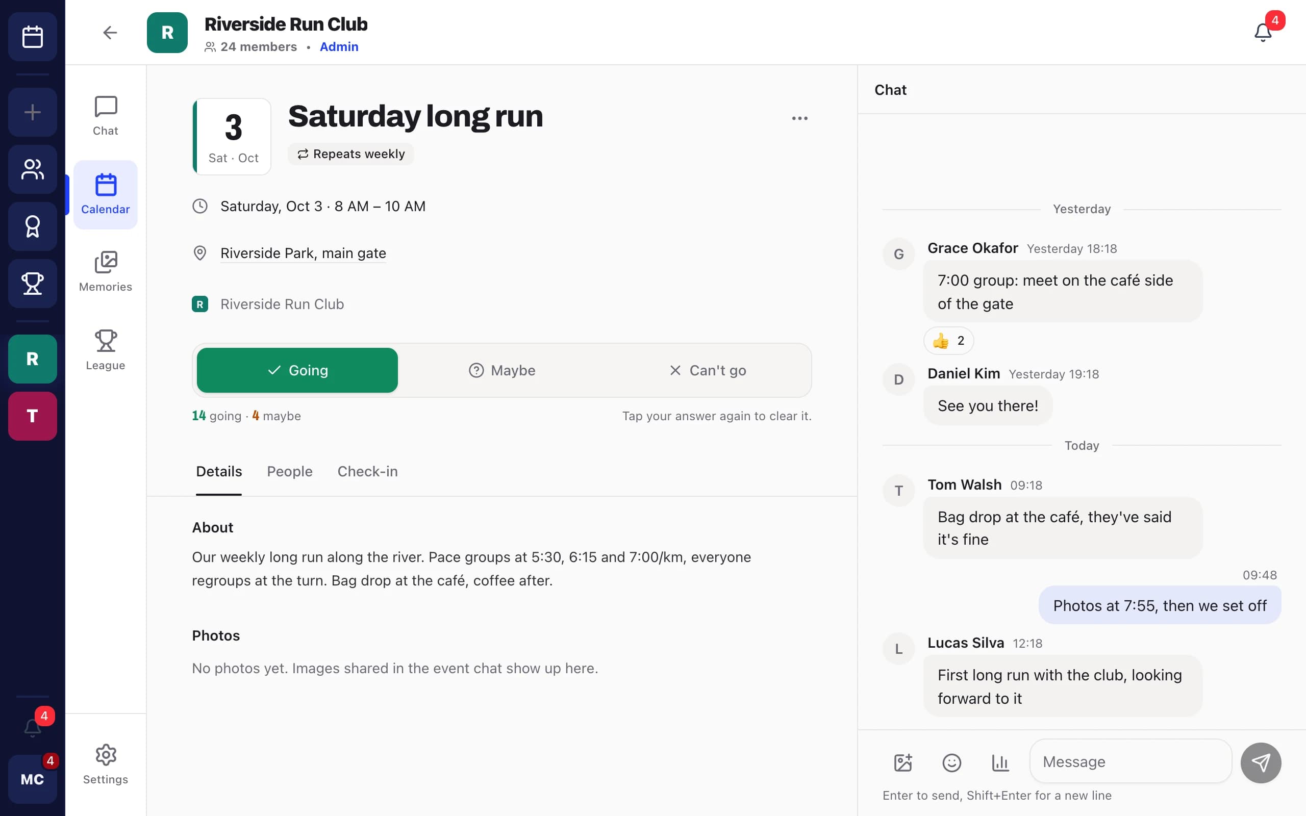 Event page on desktop: Saturday long run with 14 going and 4 maybe, pace group details, and the event chat open alongside