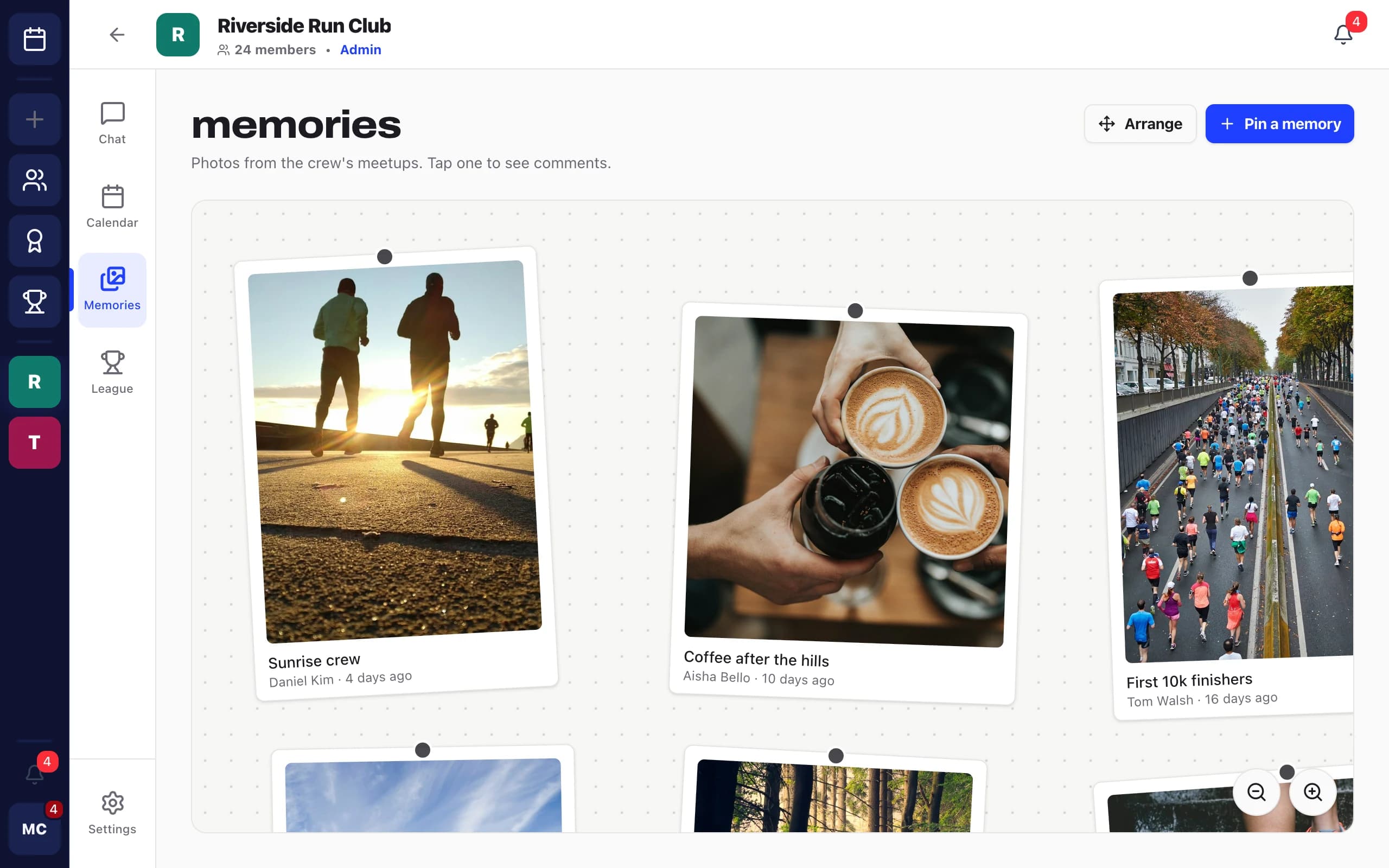 Memory wall on desktop: pinned photos from Riverside Run Club meetups, including "Sunrise crew", "Coffee after the hills" and "First 10k finishers"