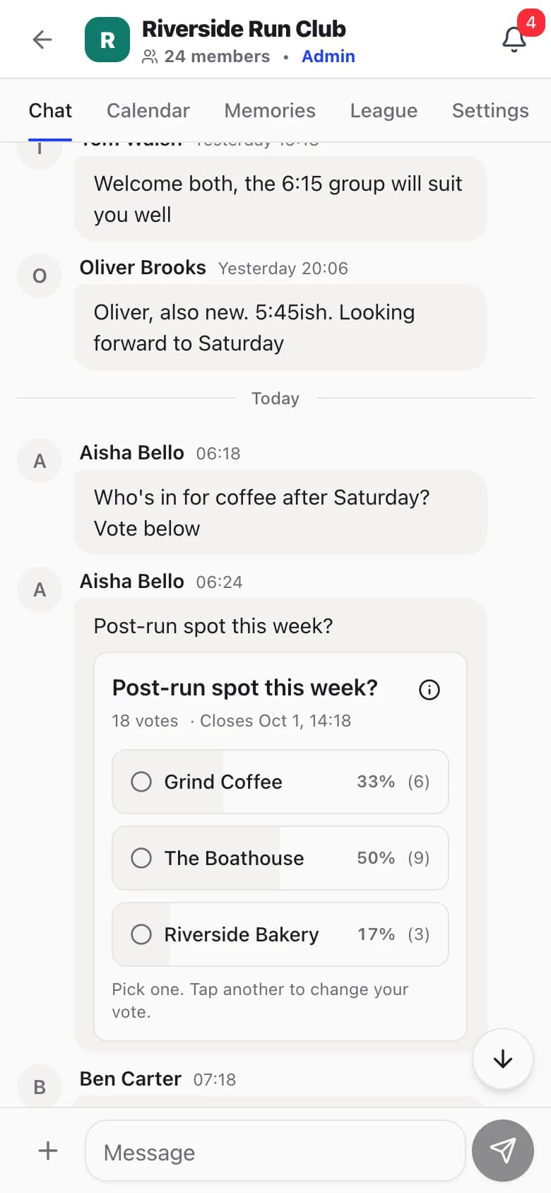 Poll in the crew chat on a phone: "Post-run spot this week?" with 18 votes, The Boathouse leading on 50% ahead of Grind Coffee and Riverside Bakery