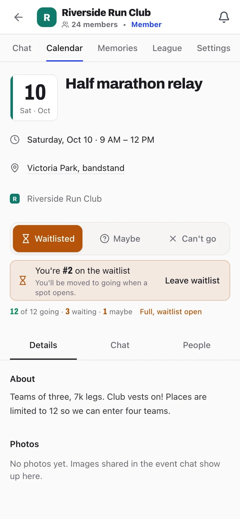 Event page on a phone: Half marathon relay is full at 12 of 12 going, and you're #2 on the waitlist with an option to leave it
