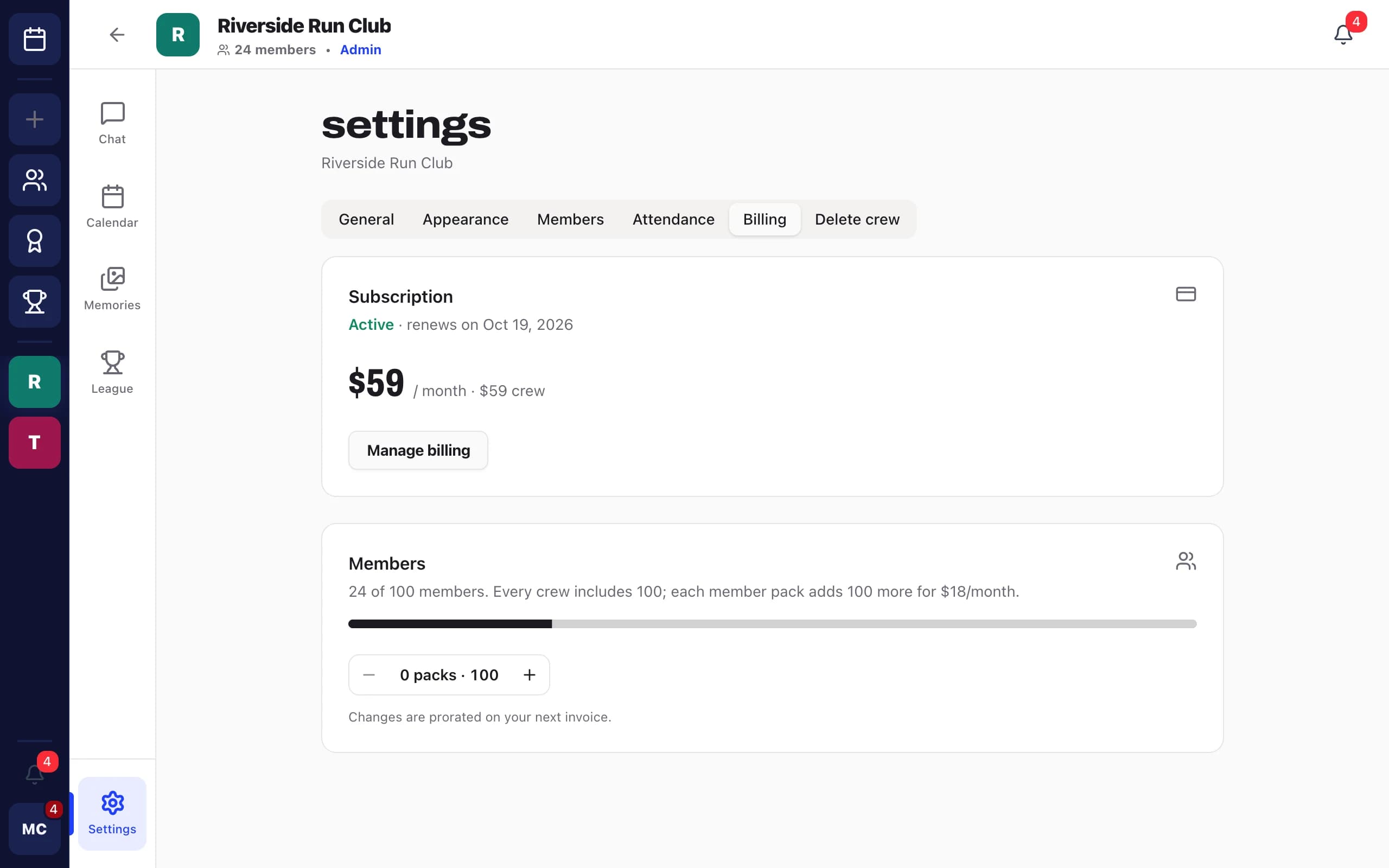 Crew billing on desktop: subscription active at $59 a month, renewing on Oct 19, 2026, and 24 of 100 members used with a stepper to add member packs
