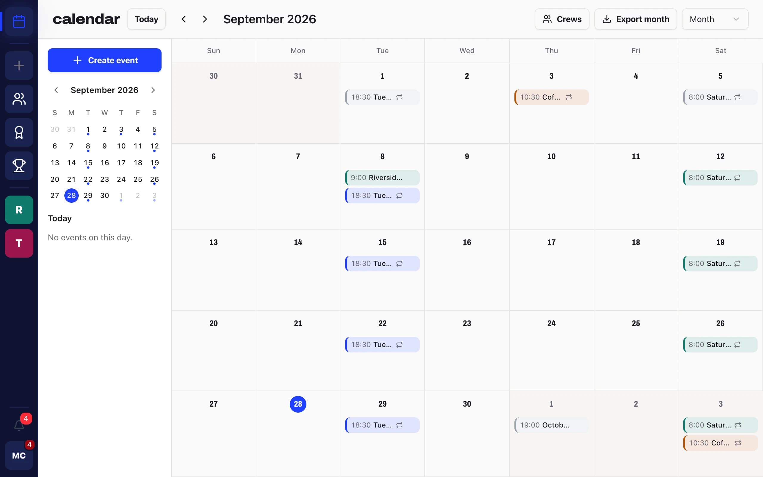Month calendar on desktop for September 2026, with weekly Tuesday track sessions, Saturday long runs and coffee socials across two crews, and an Export month button