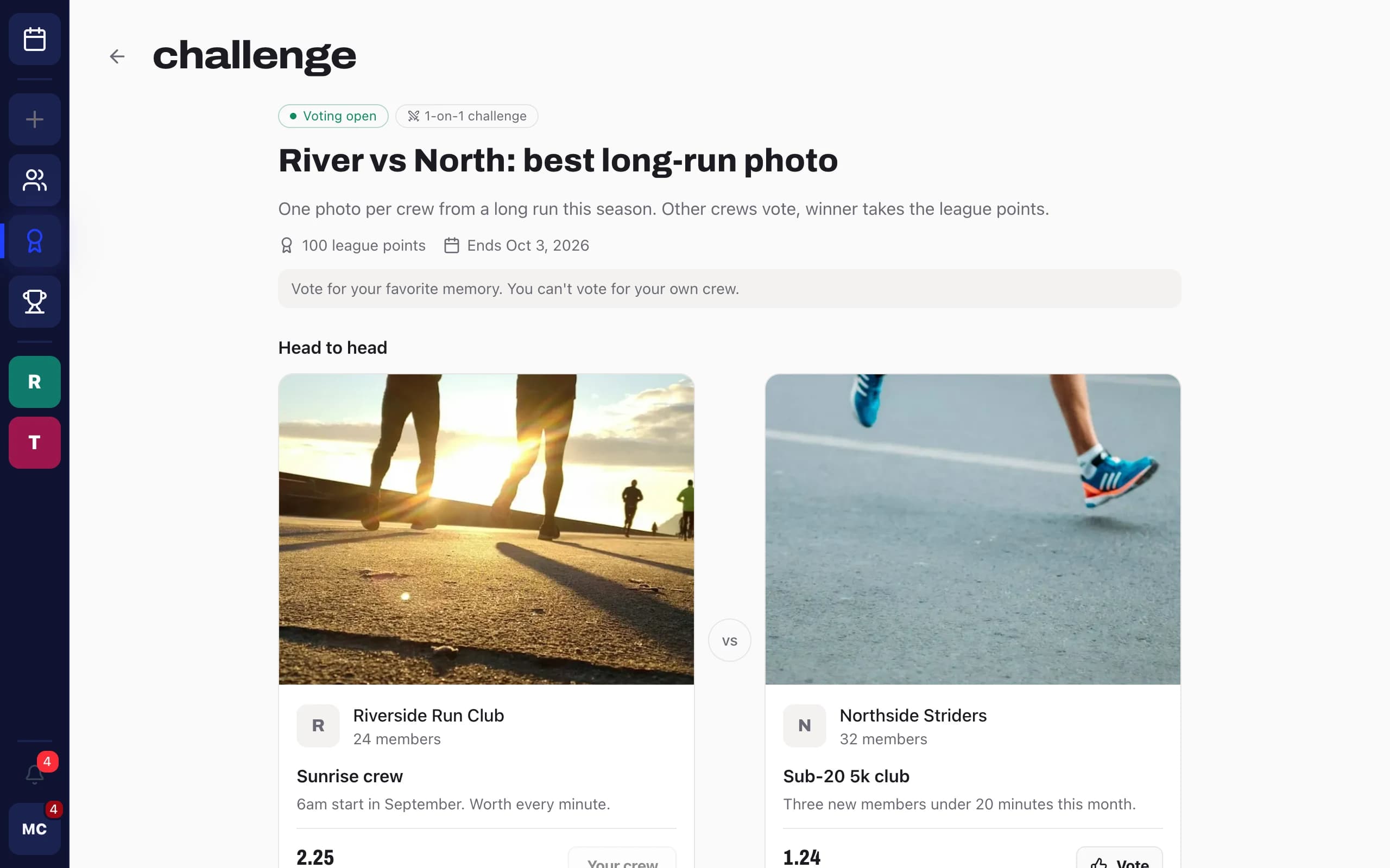 Challenge on desktop: River vs North best long-run photo, Riverside Run Club's "Sunrise crew" against Northside Striders' "Sub-20 5k club", open for voting for 100 league points