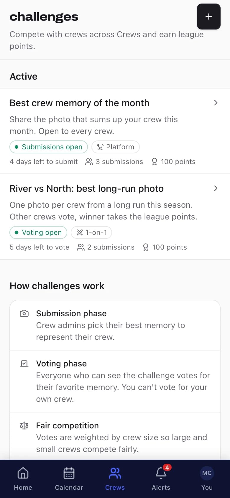 Challenges on a phone: "Best crew memory of the month" open for submissions and "River vs North: best long-run photo" open for voting, each worth 100 points