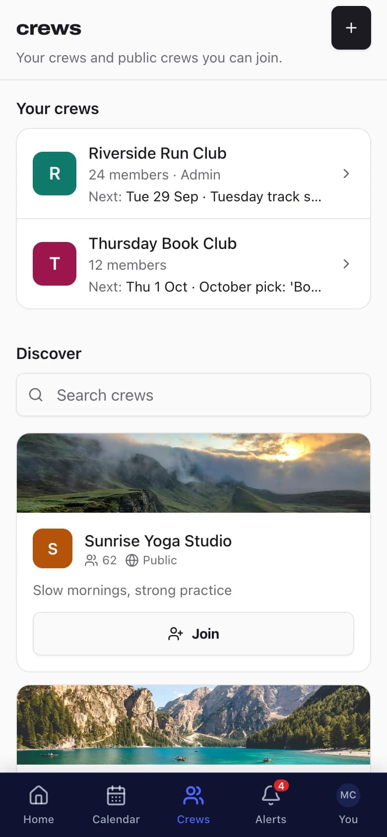 Crews list on a phone: Riverside Run Club (24 members, admin) and Thursday Book Club with their next events, plus public crews to discover and join