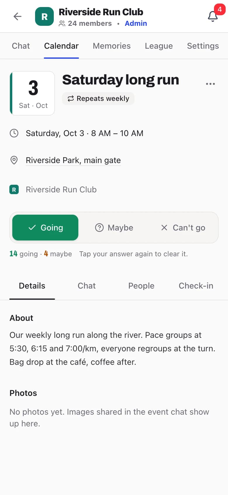 Event page on a phone: Saturday long run, Oct 3 at 8 AM at Riverside Park main gate, repeats weekly, 14 going and 4 maybe
