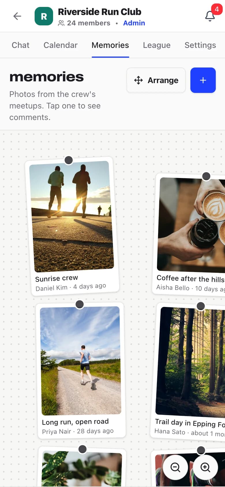 Memory wall on a phone: pinned photos from the crew's meetups, including "Sunrise crew", "Coffee after the hills" and "Long run, open road"