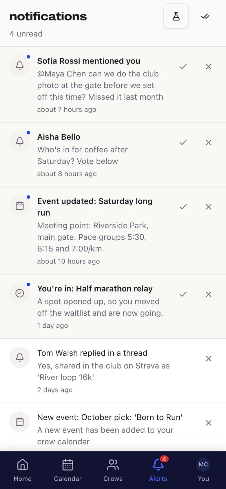 Notifications on a phone: a mention from Sofia Rossi, a poll about coffee after Saturday, an updated meeting point, and "You're in: Half marathon relay" after a waitlist spot opened